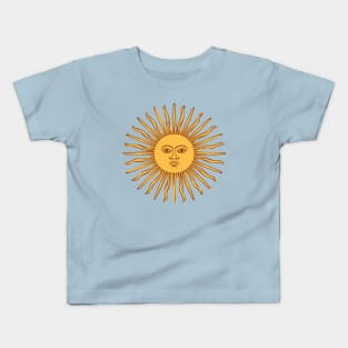 celestial golden sun with face line drawing vintage rays Kids T-Shirt